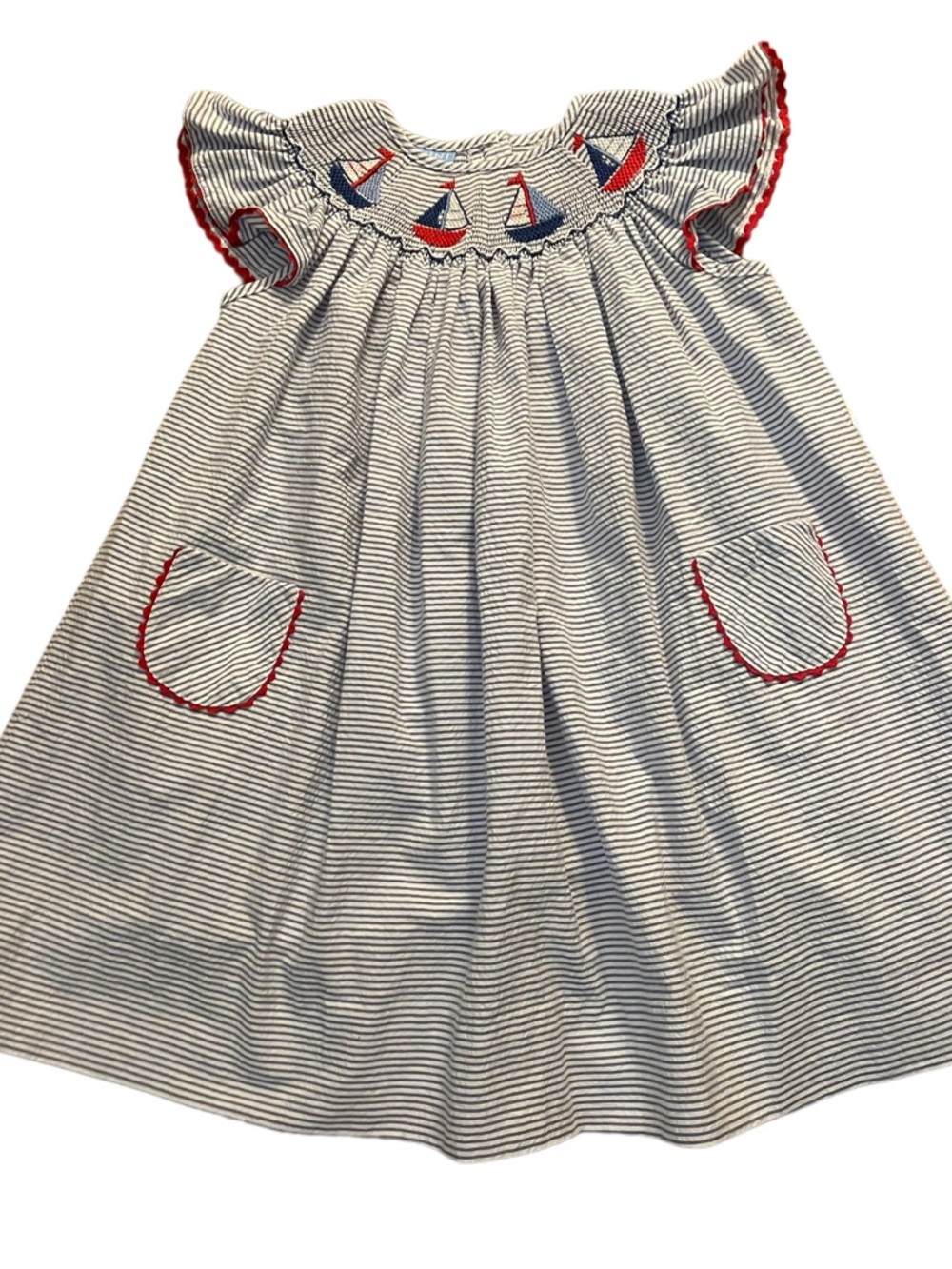 Anavini Nautical Smocked Sailboat Dress - White & Navy with Red Trim NWT 2